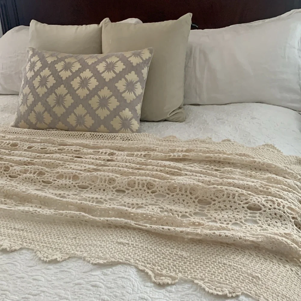 Vintage Hand Crochet Lace Bedspread Coverlet Afghan table cover blanket‎ cream